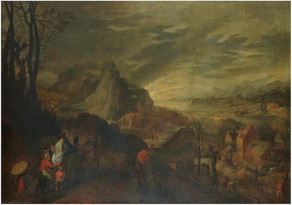 Paesaggio montuoso con contadini che lavorano la terra e viaggiatori in carrozza, con Jacob Grimmer